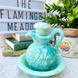Vintage Avon Green Jade Floral Bottle Bowl Pitcher Basin Glass Decanter